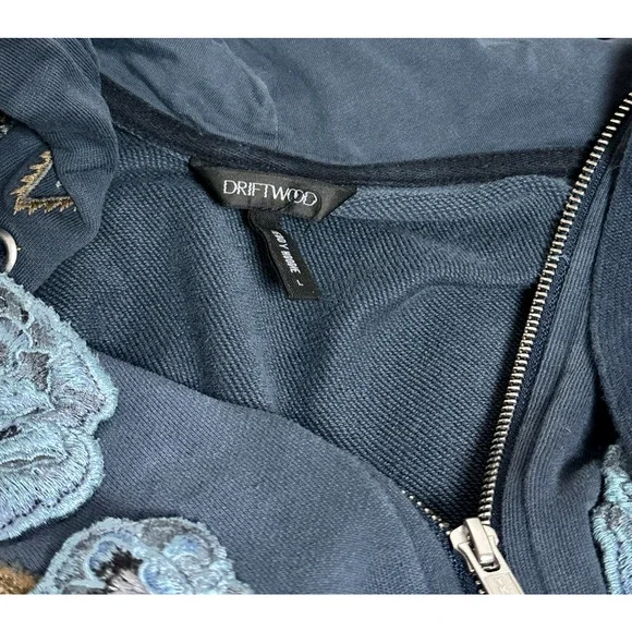 Driftwood Blue Teddy Rose Patchwork Embroidered Hooded Zip Sweatshirt Large - Picture 7 of 8